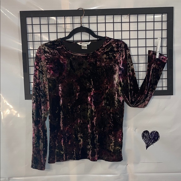 Nygard Collection Tops - Nygard - Velvet Long Sleeve Top in Black and Purple shimmer
